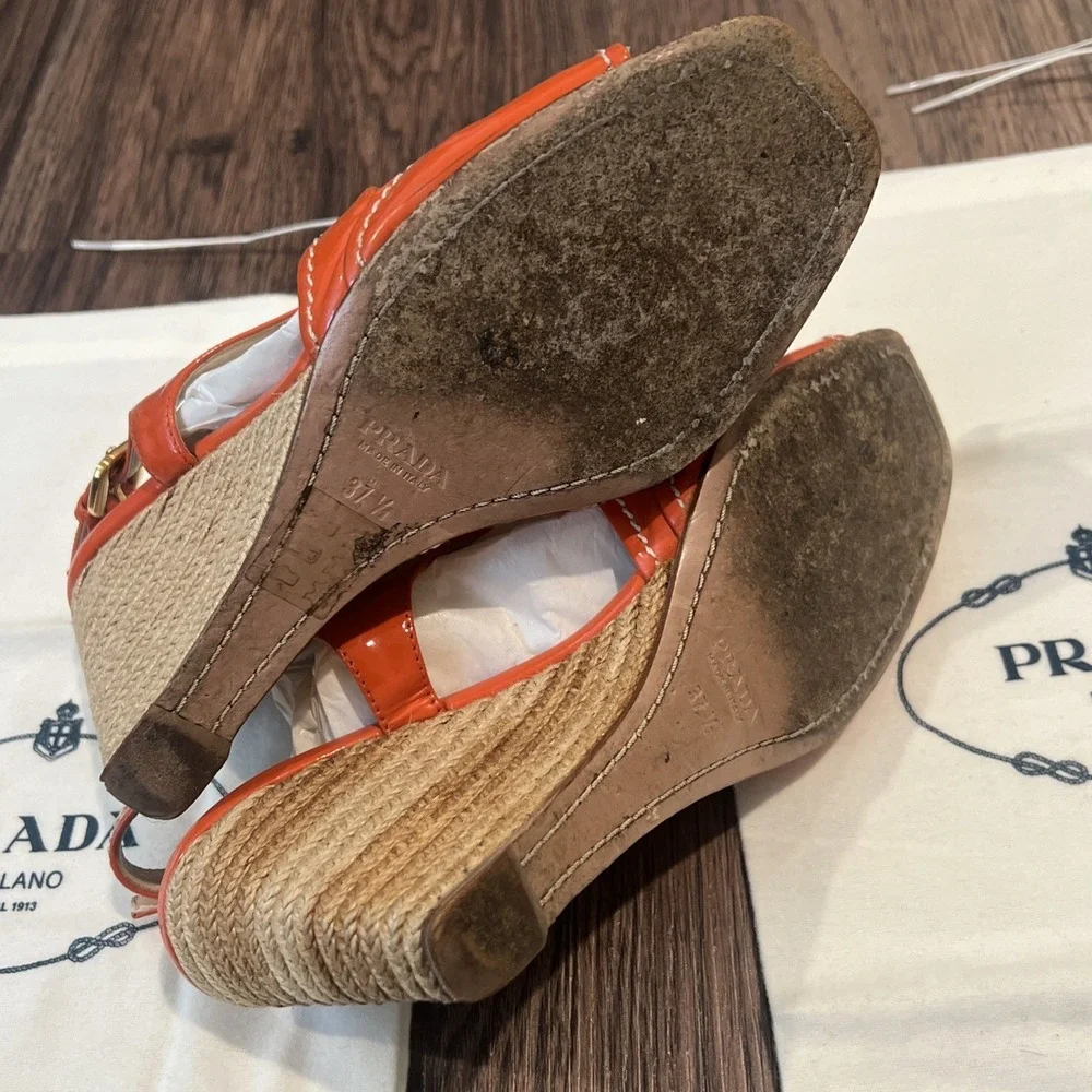 Prada Patent Leather Espadrille Wedge Sandals Size 37.5 Color Coral DETAILS